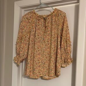 Melloday yellow vibrant ditzy floral print 3/4 sleeve blouse size XL